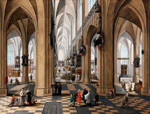 Een kerkinterieur met elegante figuren die wandelen en figuren die de mis bijwonen door Peeter the elder Neefs